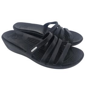 Crocs Rhoda Black Wedge Strappy Slide Sandal shoe Women's 11 Lightweight Rubber